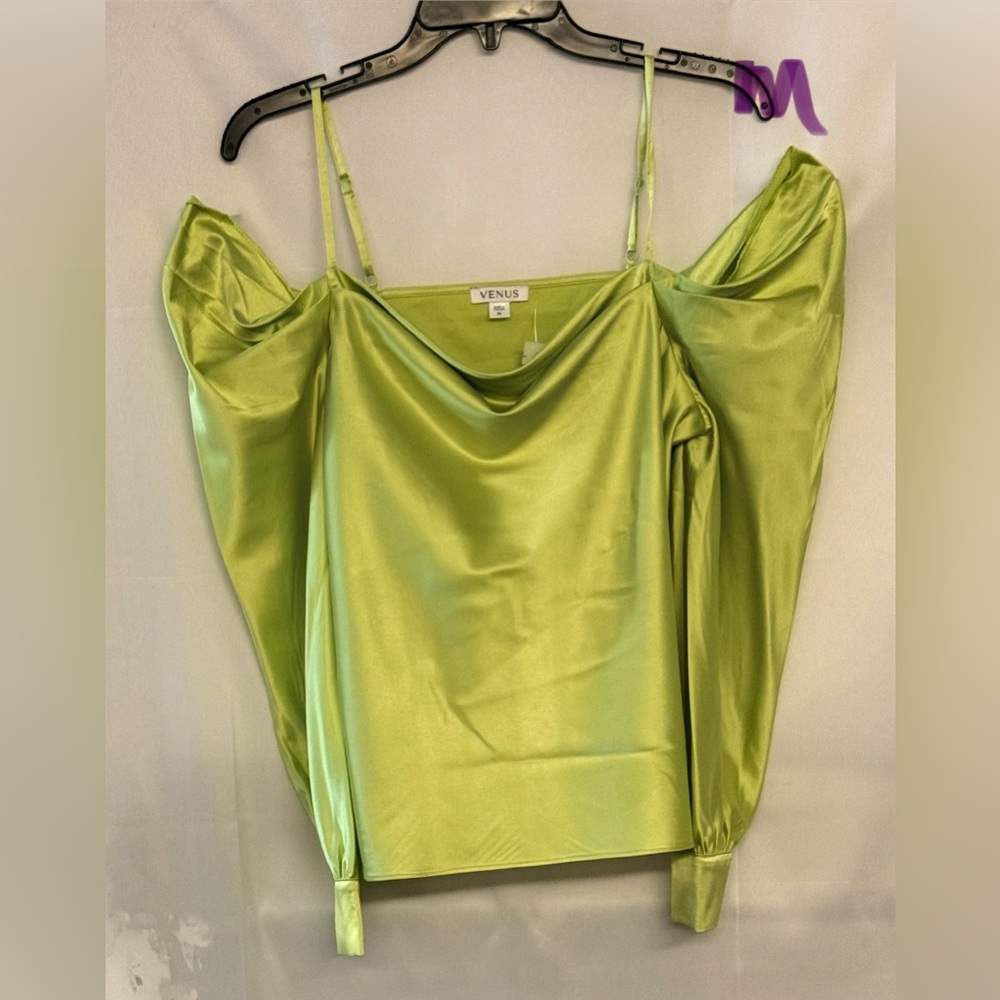 VENUS Lime Satin Cold-Shoulder Blouse